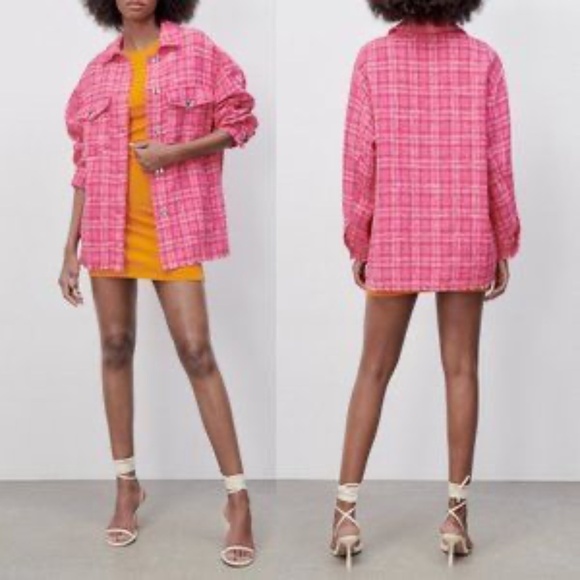 Zara Tweed Textured Woven Plaid Frayed Overshirt Shacket Shirt Jacket Pink S - Picture 10 of 16